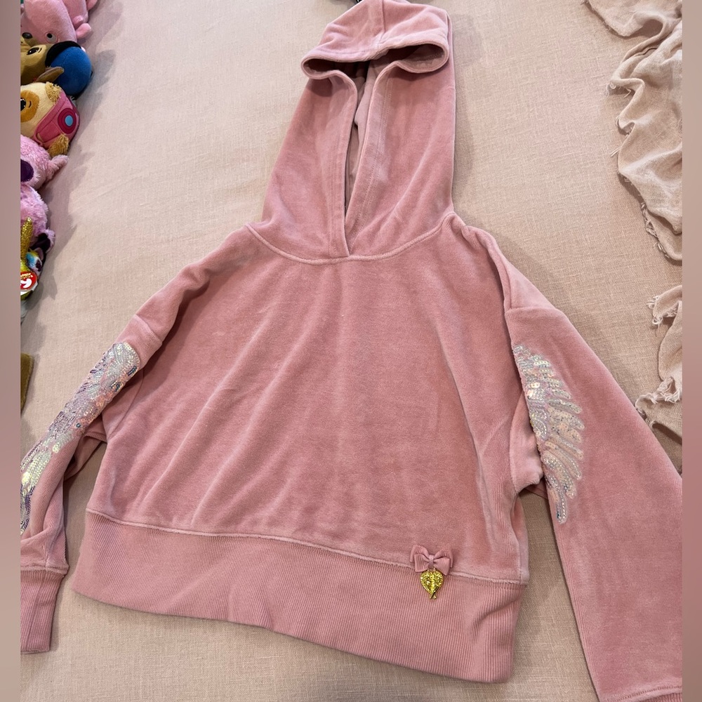 Blush pink velour Angel’s Face 2 piece matching outfit with sequin wings